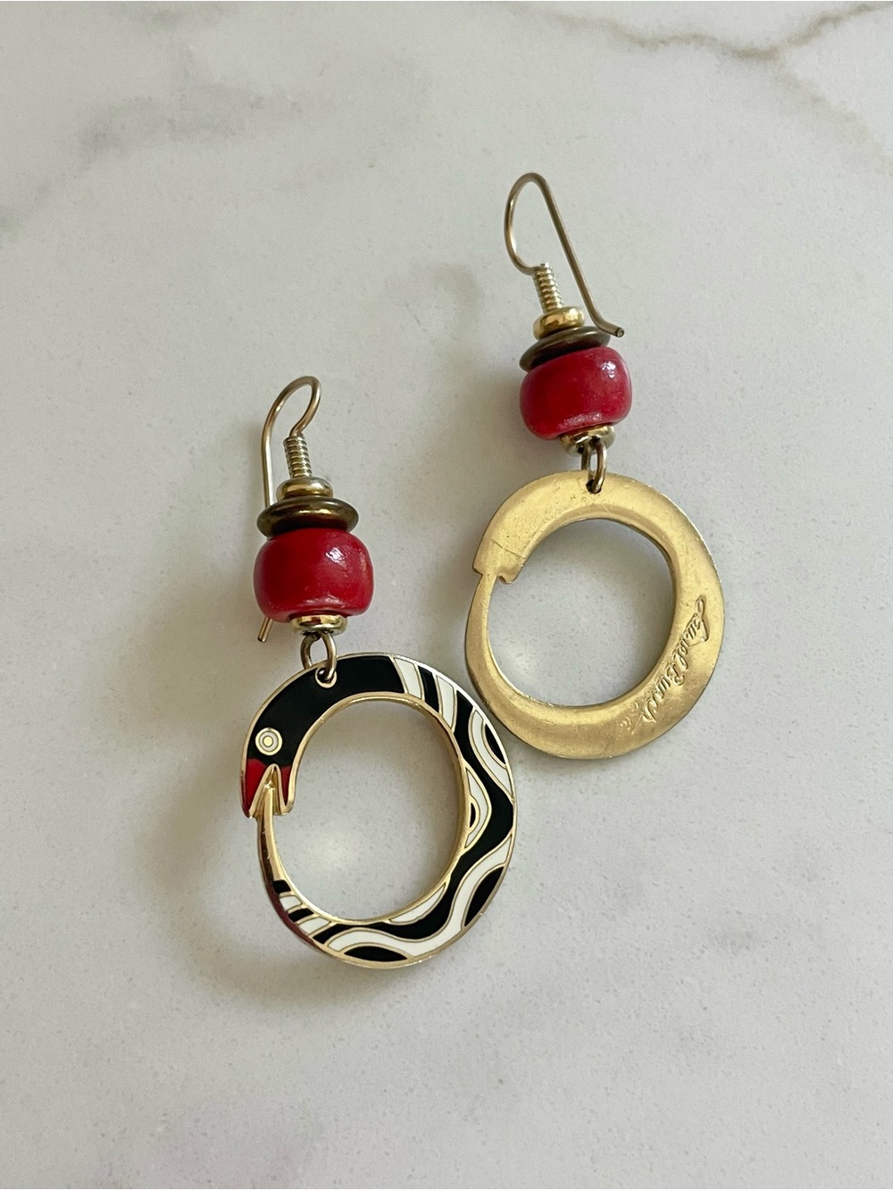 Laurel Burch Ouroboros Enamel Serpent Snake Beaded Dangle Earrings Tribal Gold